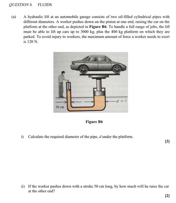 (a) A hydraulic lift at an automobile garage consists of two oil-filled cylindrical pipes with different diameters. A worker 