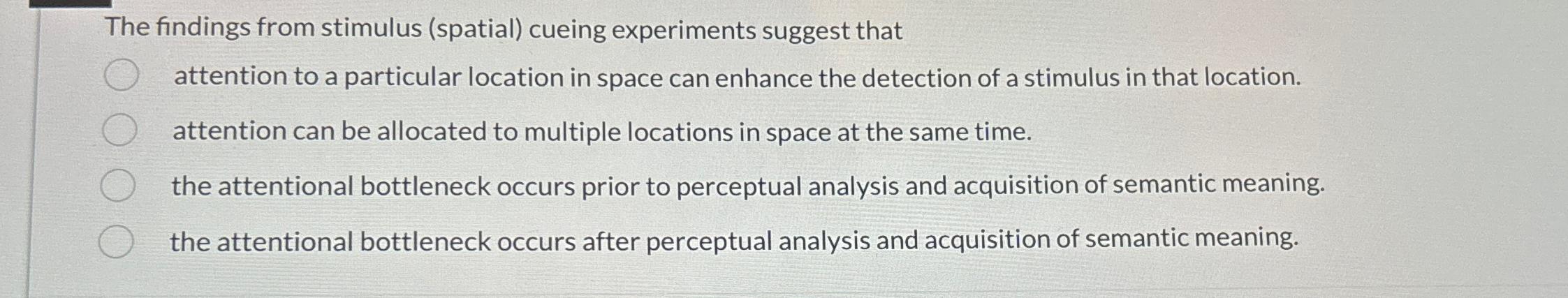 Solved The findings from stimulus (spatial) ﻿cueing | Chegg.com