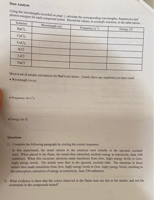 Solved Data Analysis Using the wavelengths recorded on page | Chegg.com