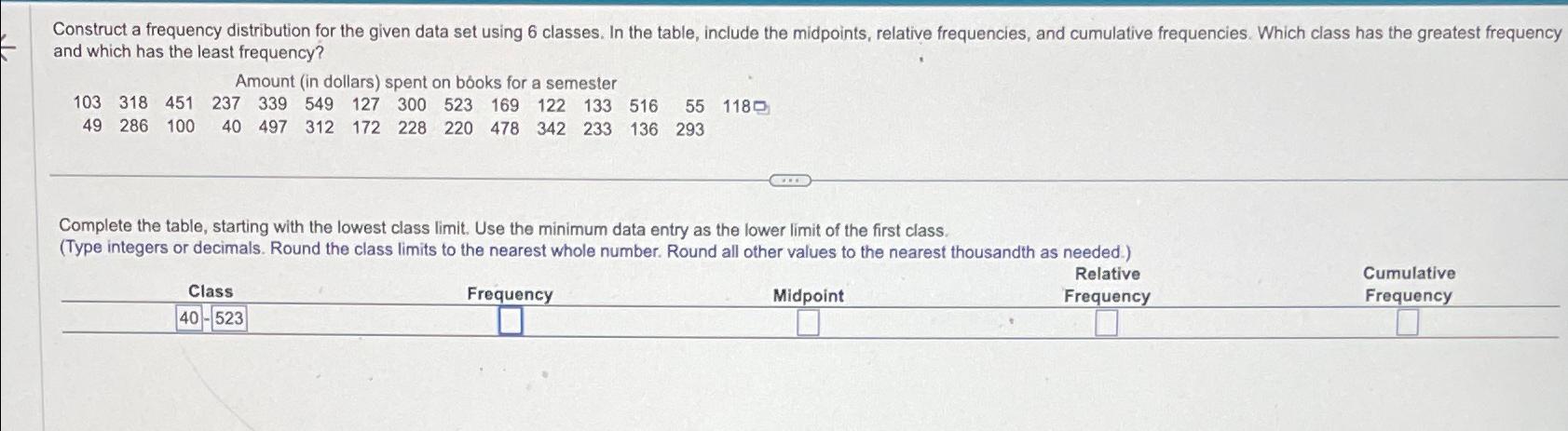 Solved Construct a frequency distribution for the given data | Chegg.com
