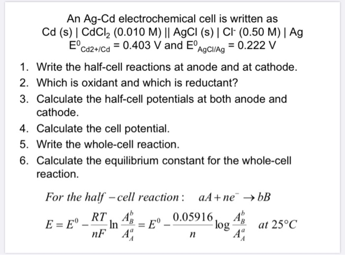 Solved An Ag-Cd electrochemical cell is written as Cd (s) | Chegg.com