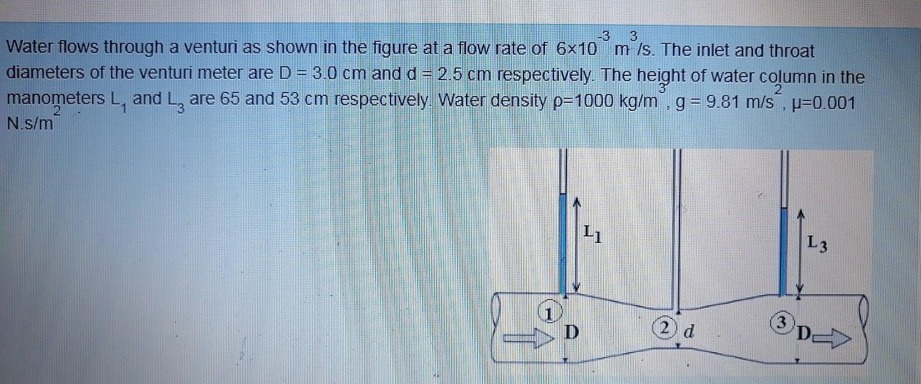Solved -3 Water flows through a venturi as shown in the | Chegg.com
