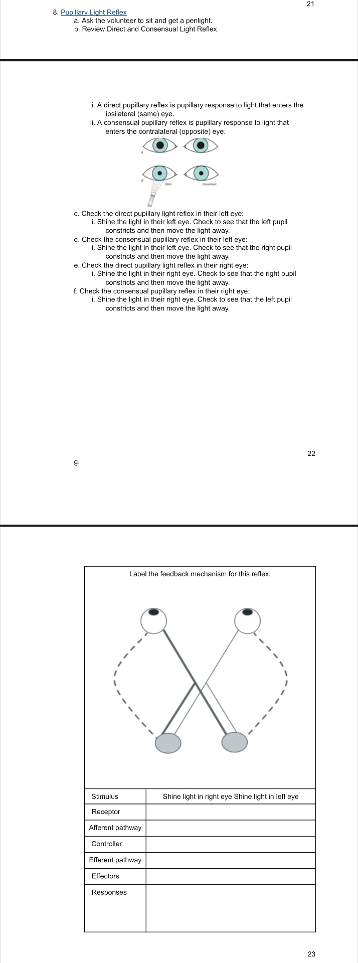 Solved Pupillary Light Reflex21a. ﻿Ask the volunteer to sit | Chegg.com