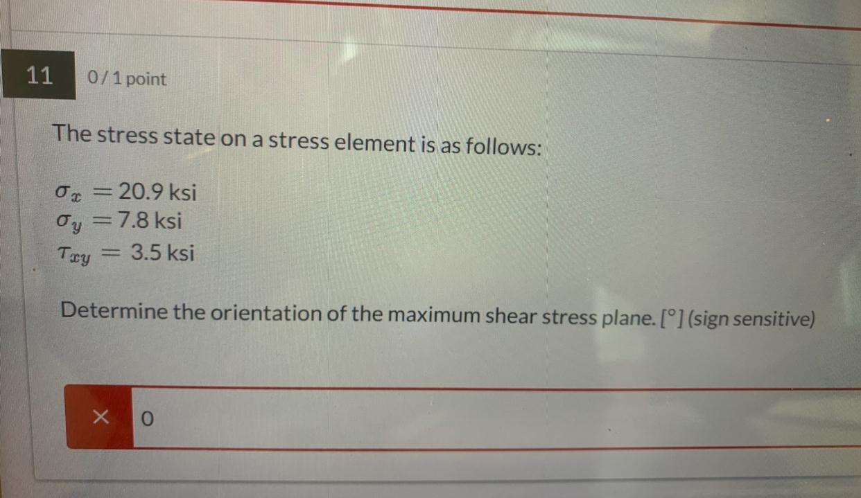 Solved 110/1 ﻿pointThe stress state on a stress element is | Chegg.com