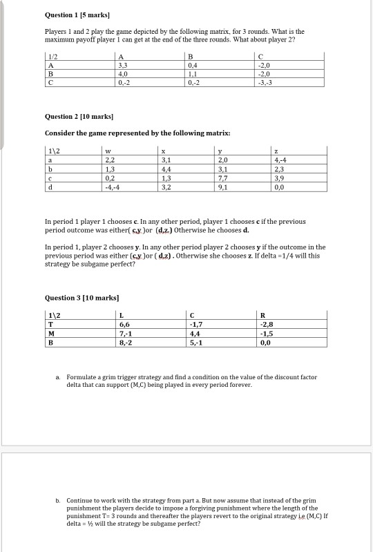 Solved Question 1 [5 marks] Players 1 and 2 play the game | Chegg.com