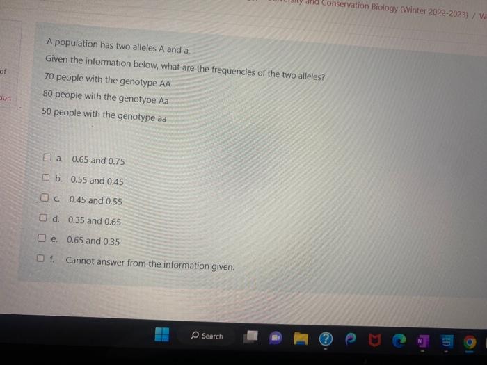 Solved A population has two alleles A and a. Given the | Chegg.com
