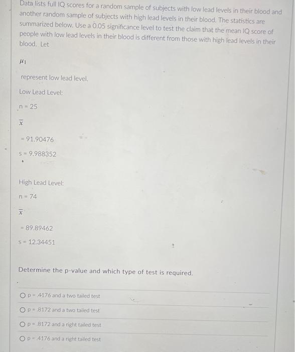 Solved Data lists full IQ scores for a random sample of | Chegg.com