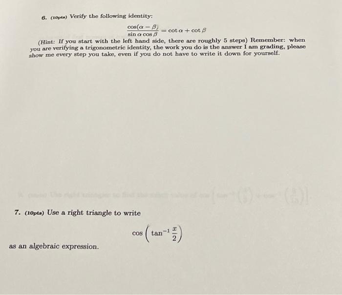 Solved 6. (10pts) Verify The Following Identity: Cos(a - B | Chegg.com