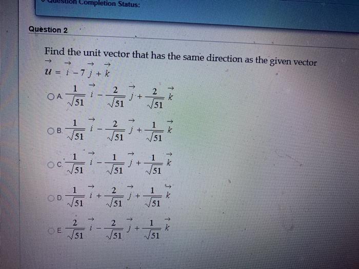 Solved Completion Status: Question 2 Find the unit vector | Chegg.com