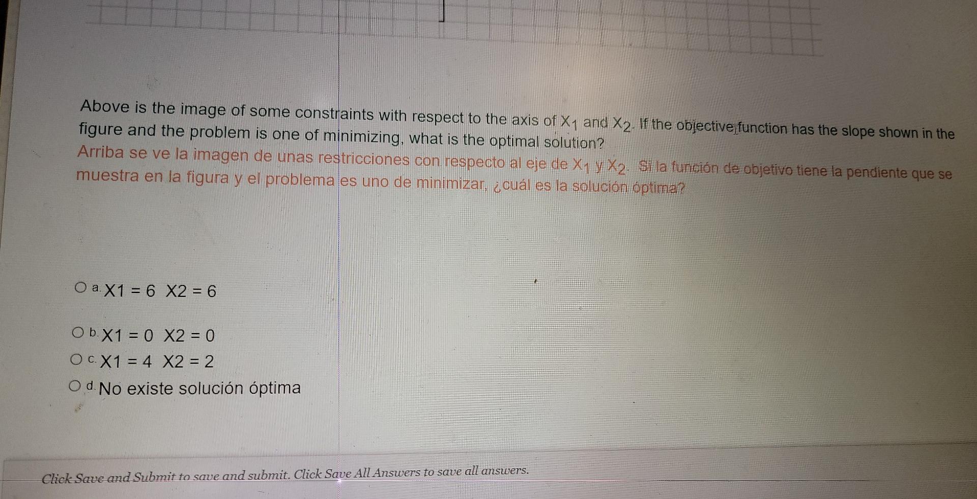 Above is the image of some constraints with respect to the axis of X1 and X2. If the objective function has the slope shown i