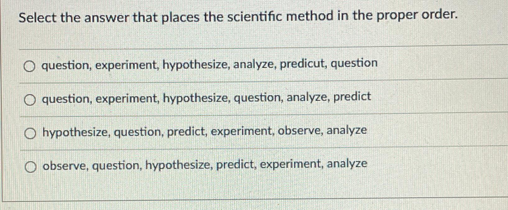 Solved Select the answer that places the scientific method | Chegg.com