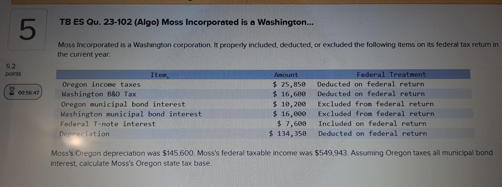Solved 5 5.2 points 005647 TB ES Qu. 23102 (Algo) Moss
