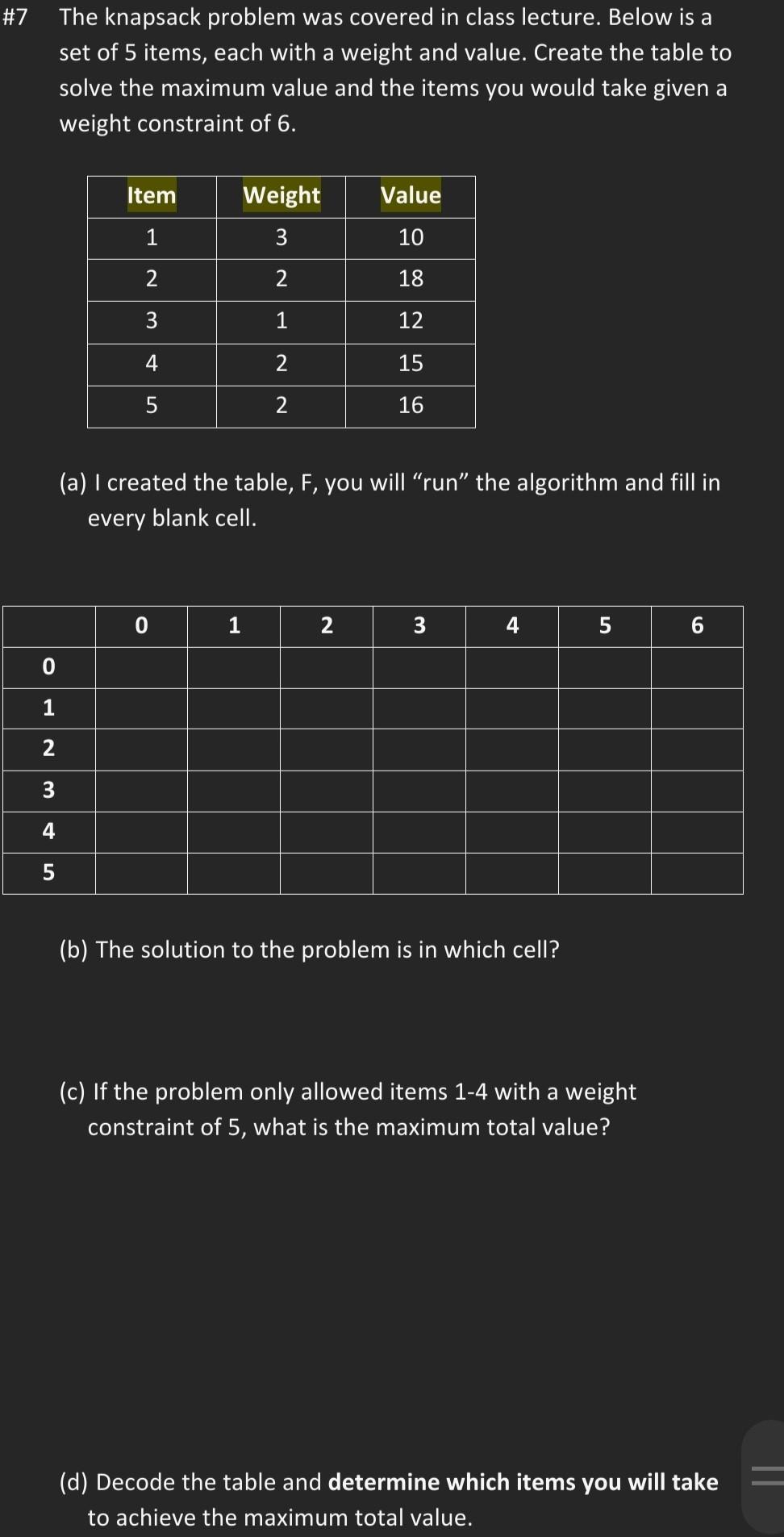 Solved \#7 The knapsack problem was covered in class | Chegg.com