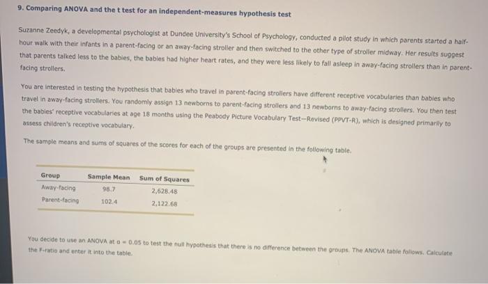 Solved 9. Comparing ANOVA and the t test for an | Chegg.com