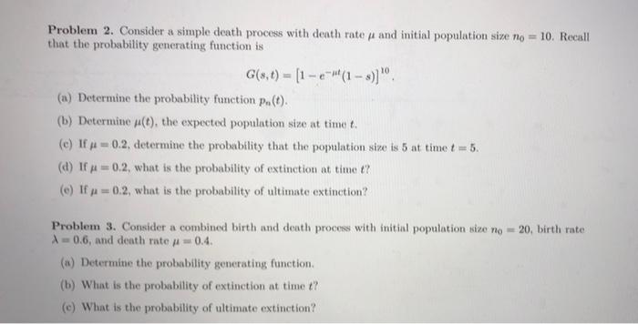 Solved Problem 2. Consider a simple death process with death | Chegg.com