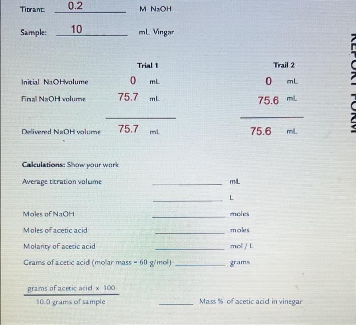 Solved Calculations Show your work Average titration volume