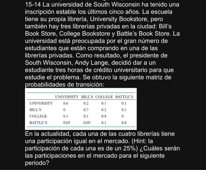 15-14 La universidad de South Wisconsin ha tenido una inscripción estable los últimos cinco años. La escuela tiene su propia