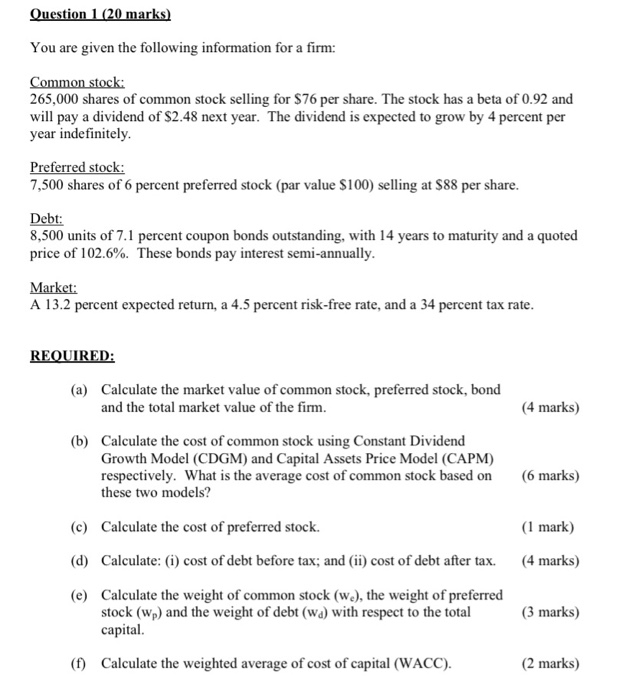 Solved Question 1 (20 Marks) You Are Given The Following | Chegg.com