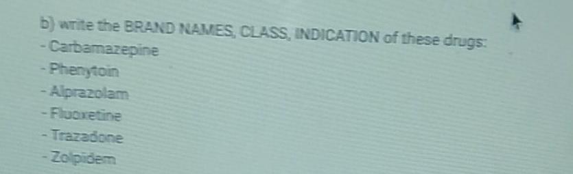 b) write the BRAND NAMES, CLASS, INDICATION of these drugs - Carbamazepine -Phenytoin -Alprazolam -Fluoxetine - Trazadone Zol