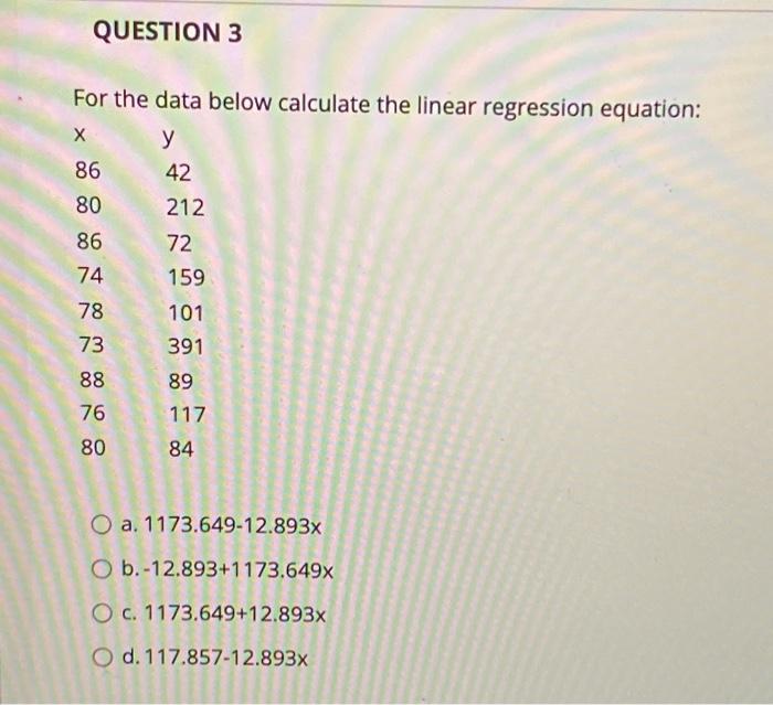 Solved QUESTION 3 For the data below calculate the linear | Chegg.com