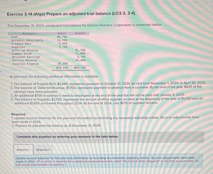 Solved Exercise 3-14 (Algo) Prepare An Adjusted Trial | Chegg.com