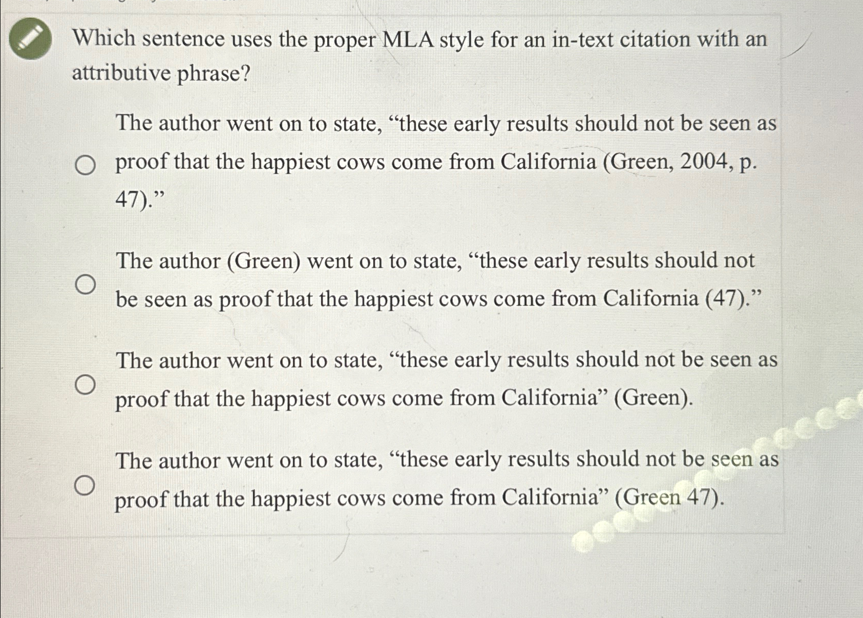 Solved Which Sentence Uses The Proper MLA Style For An | Chegg.com