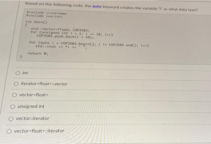 Solved Based on the following code, the auto keyword creates | Chegg.com