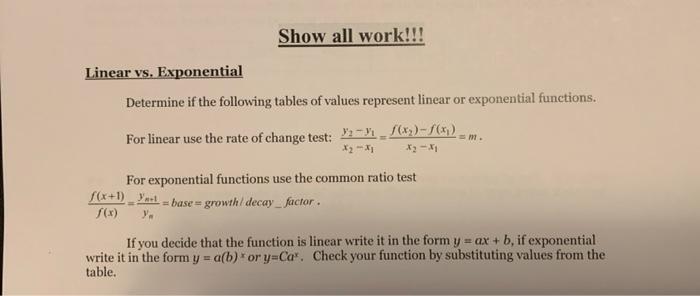 Linear vs. Exponential Determine if the following | Chegg.com