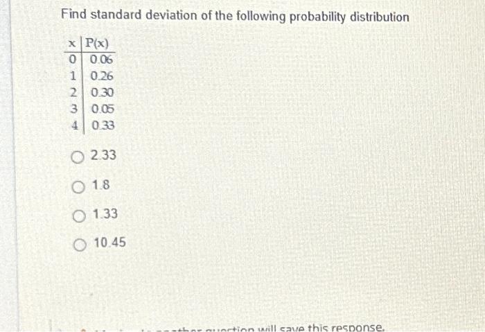 Solved Find standard deviation of the following probability | Chegg.com