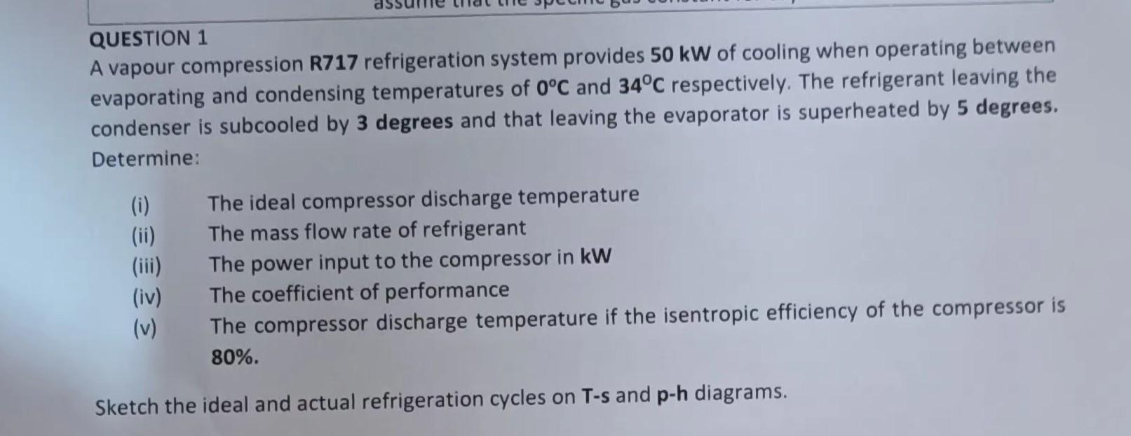 Solved QUESTION 1 A vapour compression R717 refrigeration | Chegg.com