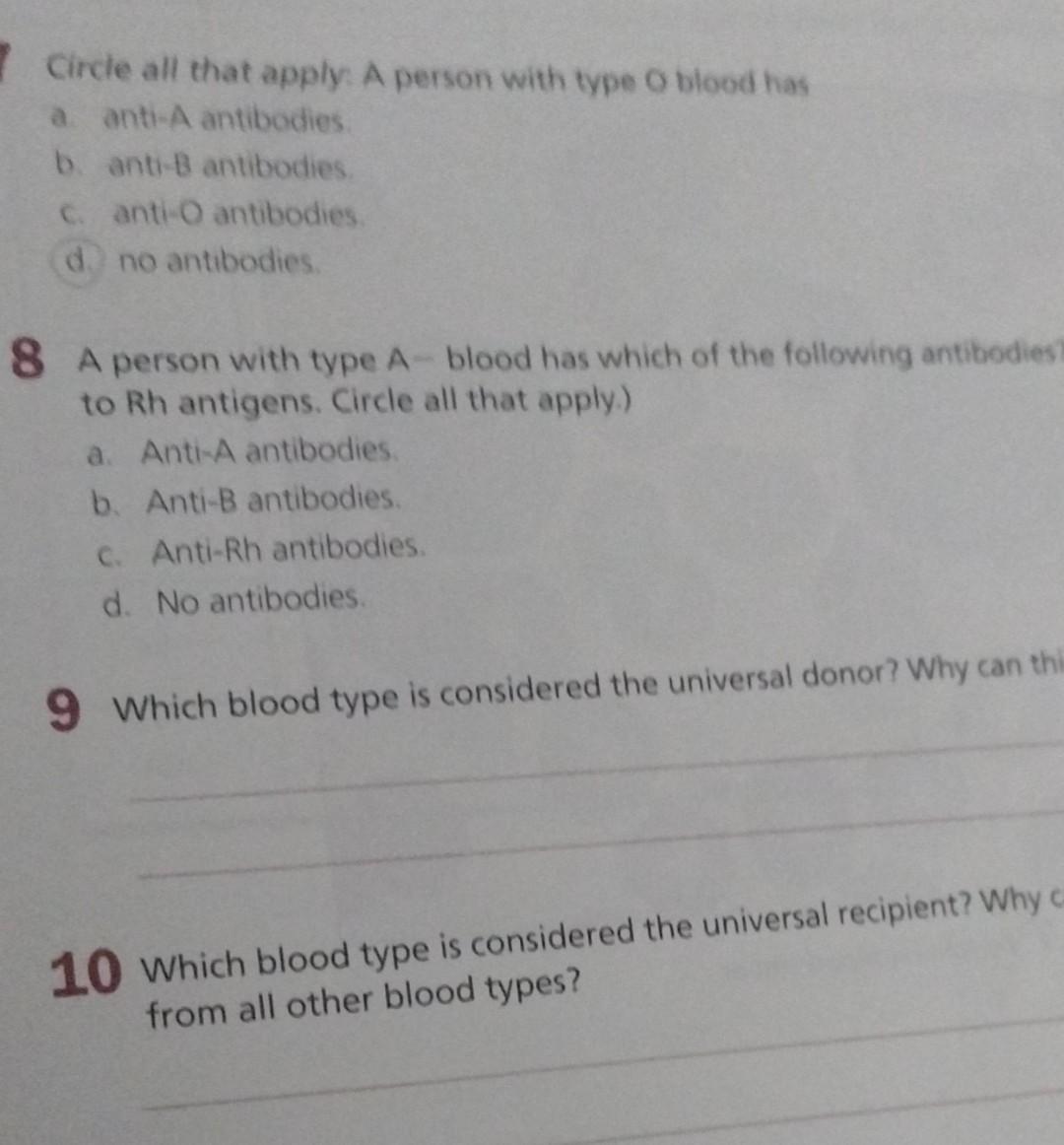 Solved Circle all that apply: A person with type O blood has | Chegg.com