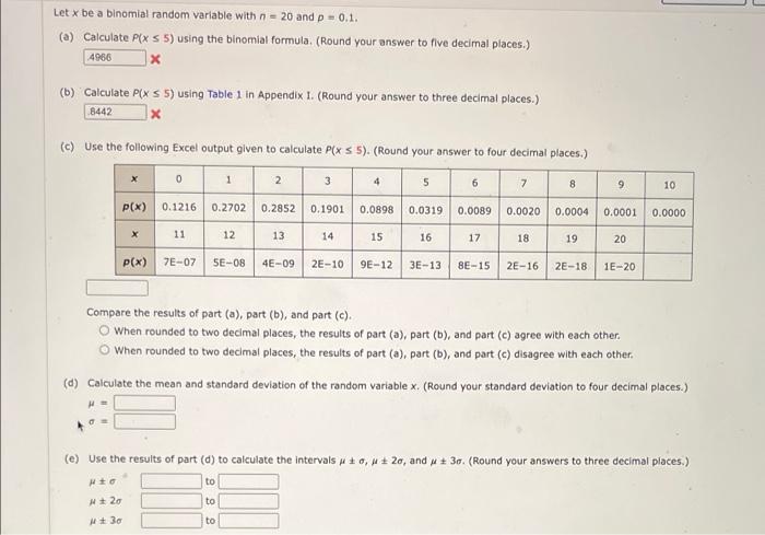 Solved Let x be a binomial random variable with n - 20 and p | Chegg.com