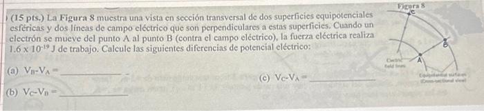 (15 pts.) La Figura 8 muestra una vista en sección transversal de dos superficies equipotenciales esfericas y dos líneas de c