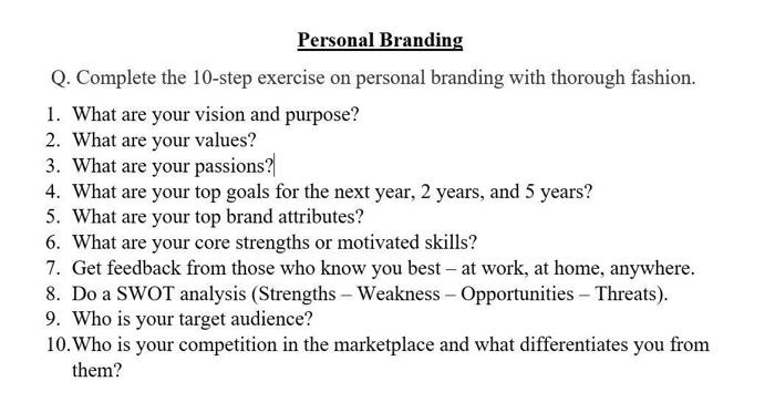 Personal Branding Q. Complete the 10-step exercise on | Chegg.com