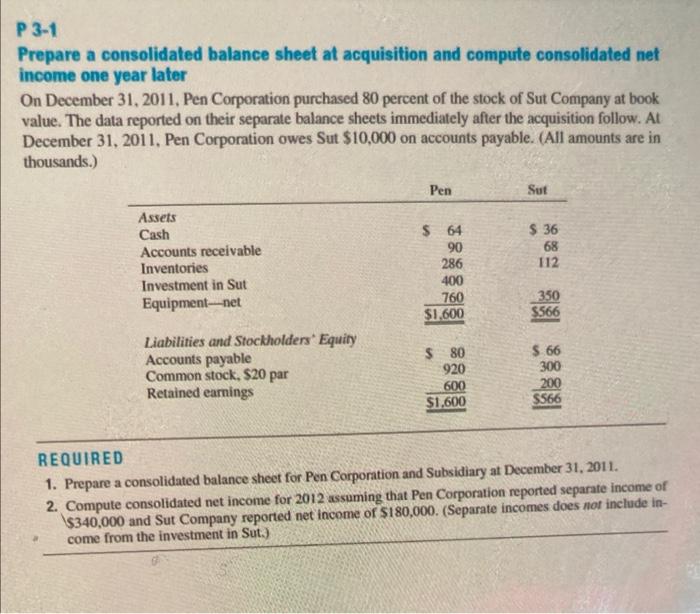 Solved P 3-1 Prepare a consolidated balance sheet at | Chegg.com