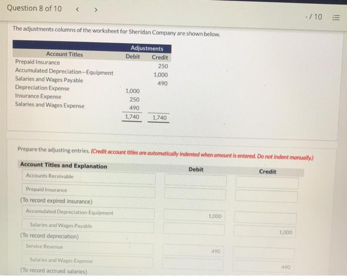 Solved Question 8 of 10 / 10 The adjustments columns