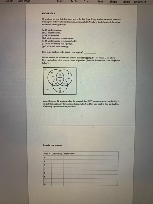 Zoom Add Page Insert Table Chart Text Shape Media Comment PROBLEMS 36 students go to a hot dog and and order hot dogs. Every