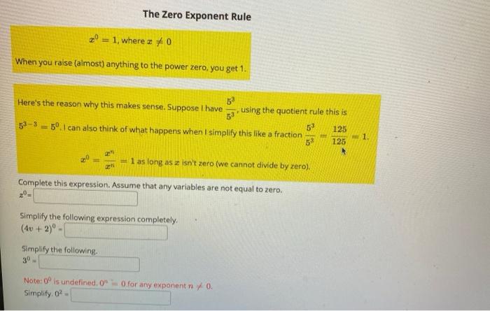 Solved The Zero Exponent Rule - 1, where I 70 When you raise | Chegg.com