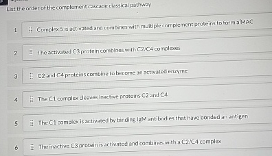 Solved List the order of the complement cascade classical | Chegg.com