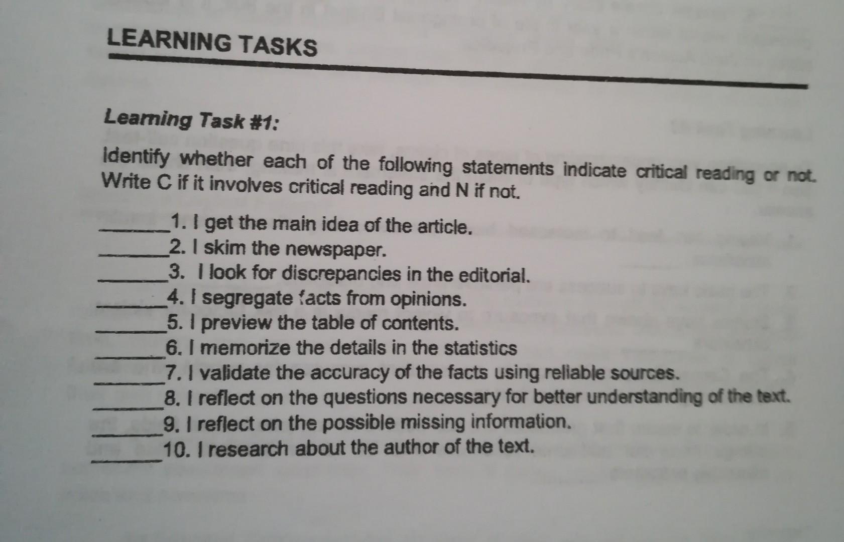 Solved For Learning Task 1 Identify Whether Each Of The Chegg