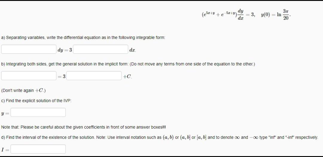 Solved E5x Y E−5x Y Dxdy 3 Y 0 Ln203π A Separating