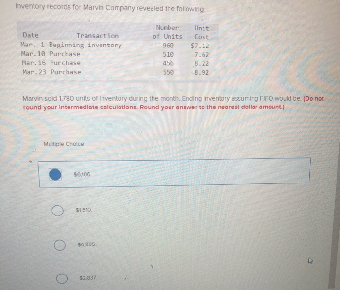 Inventory Records For Marvin Pany Revealed The Chegg 