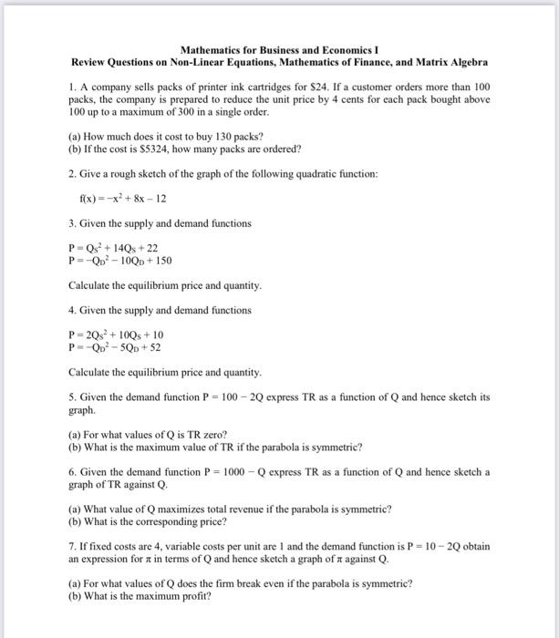 Solved Mathematics for Business and Economics I Review | Chegg.com