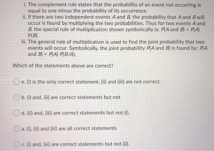 Solved i. The complement rule states that the probability of | Chegg.com