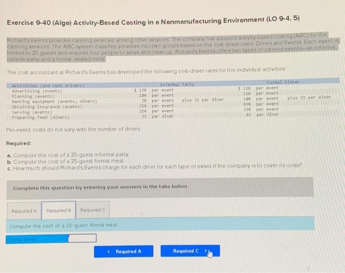 Solved Exercise 940 (Algo) ActivityBosed Costing in a