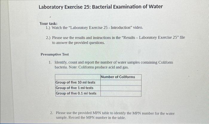 Laboratory Exercise 25: Bacterial Examination of Water
Your task:
1.) Watch the Laboratory Exercise 25 - Introduction video