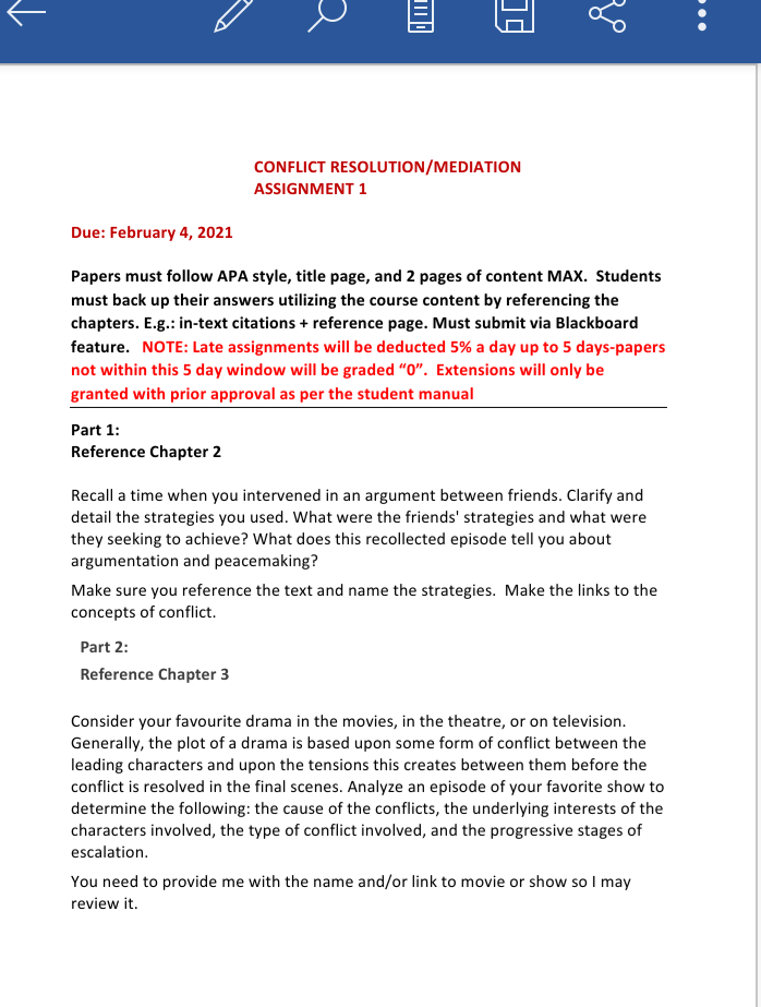 D H Zo Conflict Resolution Mediation Assignment 1 Chegg Com