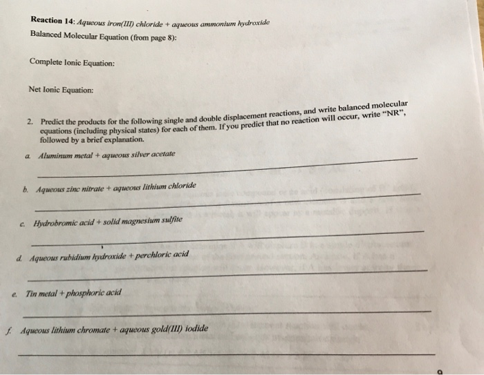 Solved Reaction 14 Aqueous iron(II) chloride + aqueous