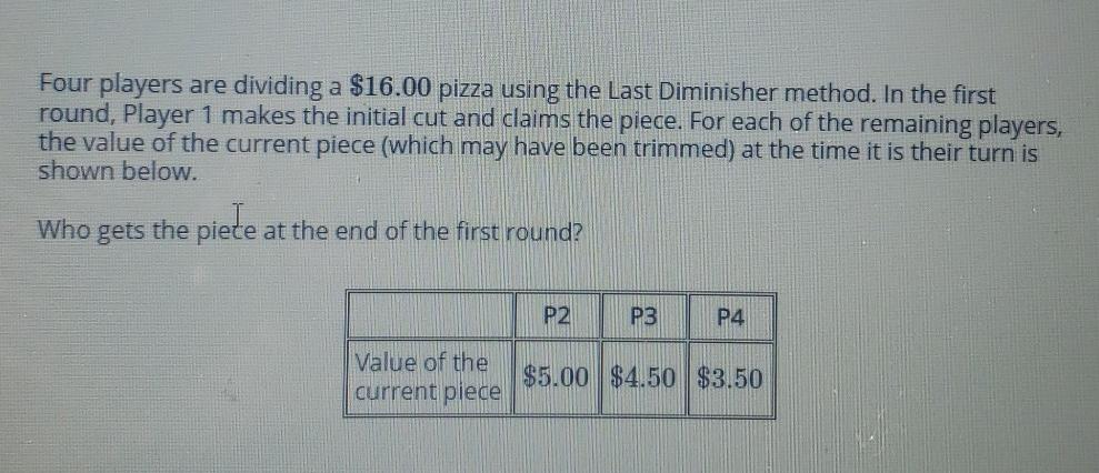 Solved Four players are dividing a $16.00 pizza using the | Chegg.com