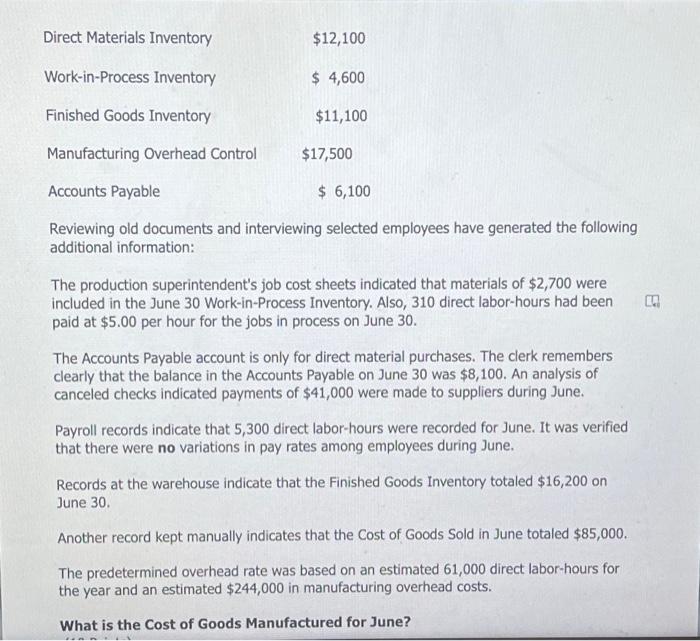 Solved Direct Materials Inventory 12,100 WorkinProcess